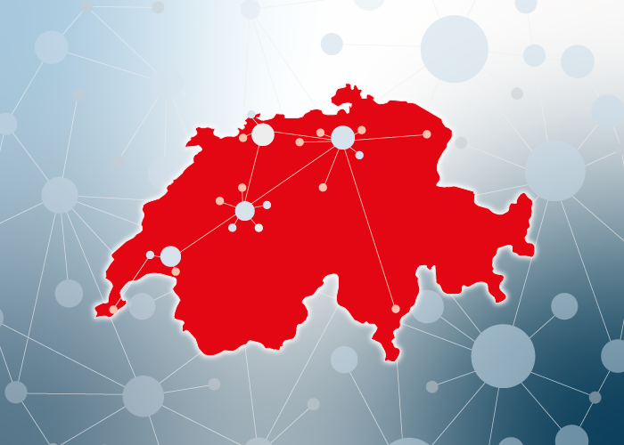 Teaser image future of SPHN, a red silhouette of a map of Switzerland, with interconnected dots on it, over a gradient background