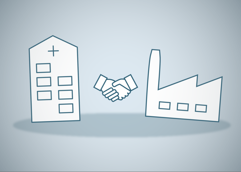 Public-private collaboration teaser image: Icons of a hospital, a handshake and an industrial building on a light blue background.