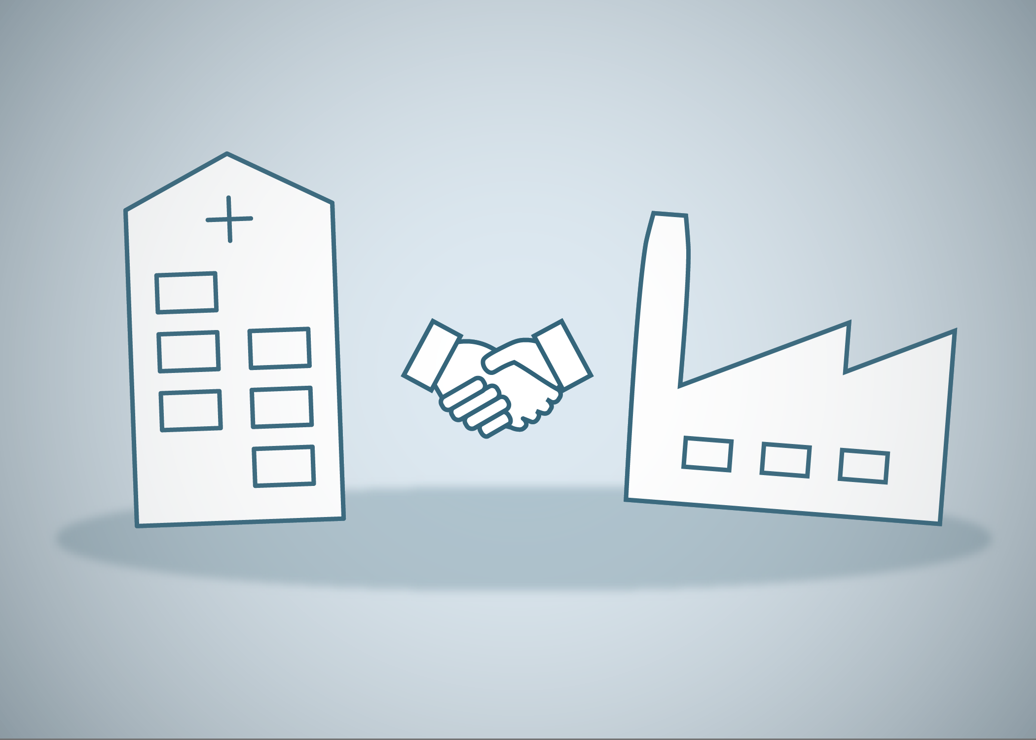 Public-private collaboration teaser image: Icons of a hospital, a handshake and an industrial building on a light blue background.